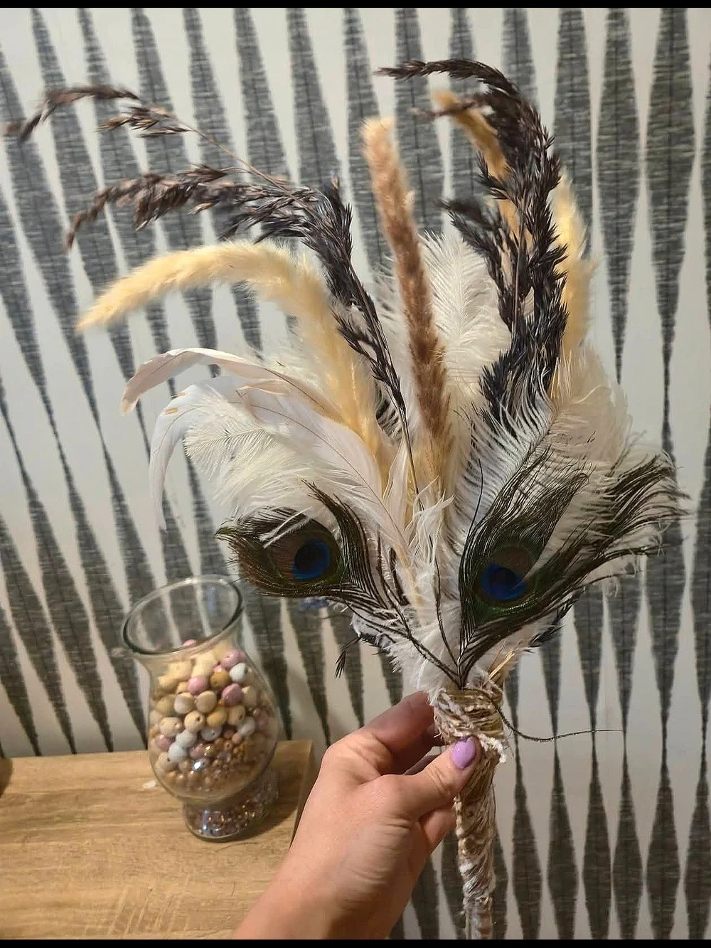 Boho Feather & Peacock Feather Floral Pick Neutral Rustic Home Decor Accent